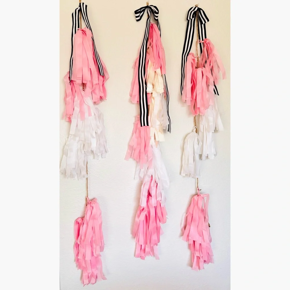 48” Set of 3 Elegant Pink & White Tassel Garland Streamers for Party, Wedding